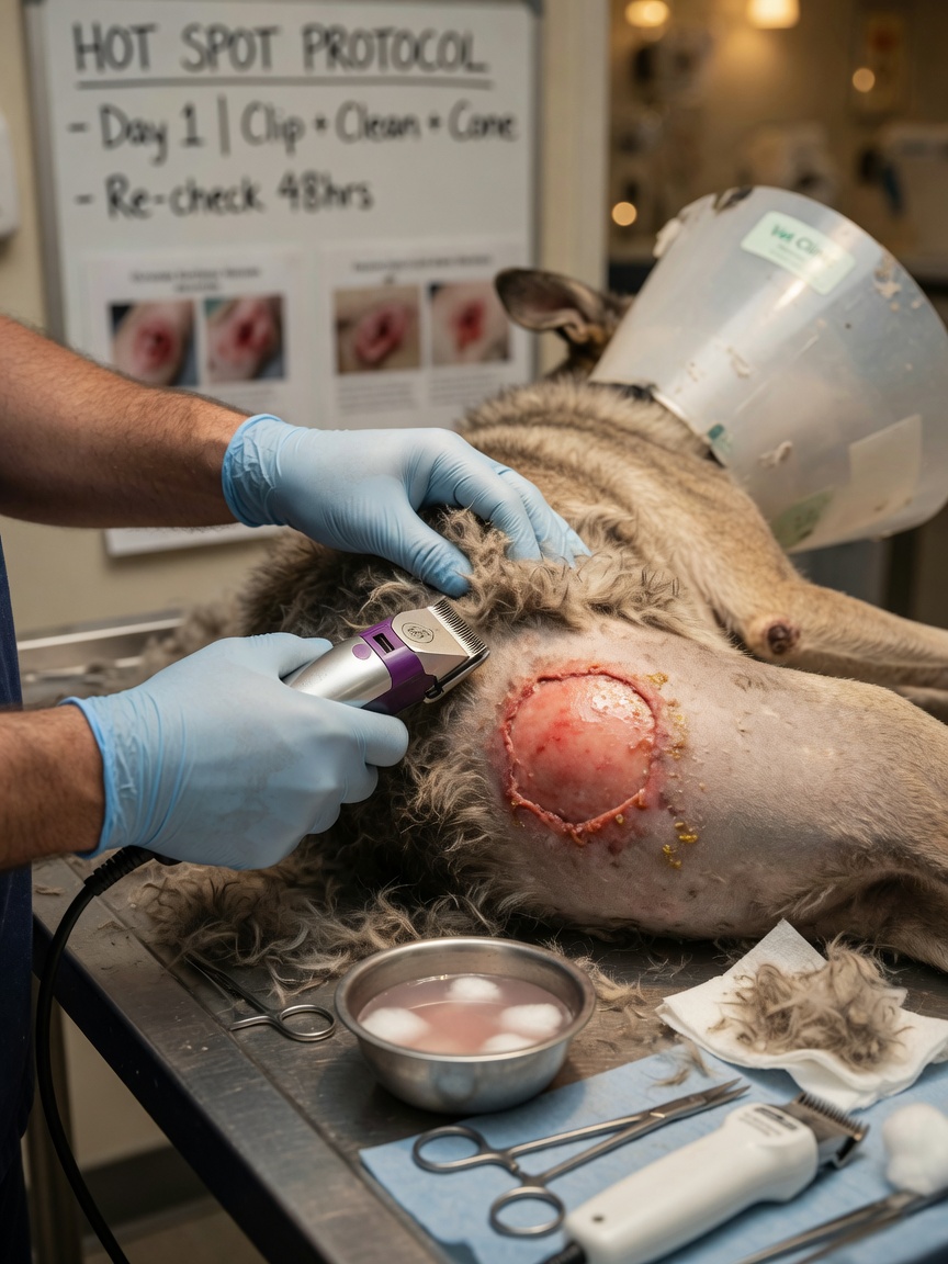 Veterinarian clipping matted fur away from a hot spot lesion with electric clippers, revealing the inflamed wound, with an Elizabethan collar on the dog