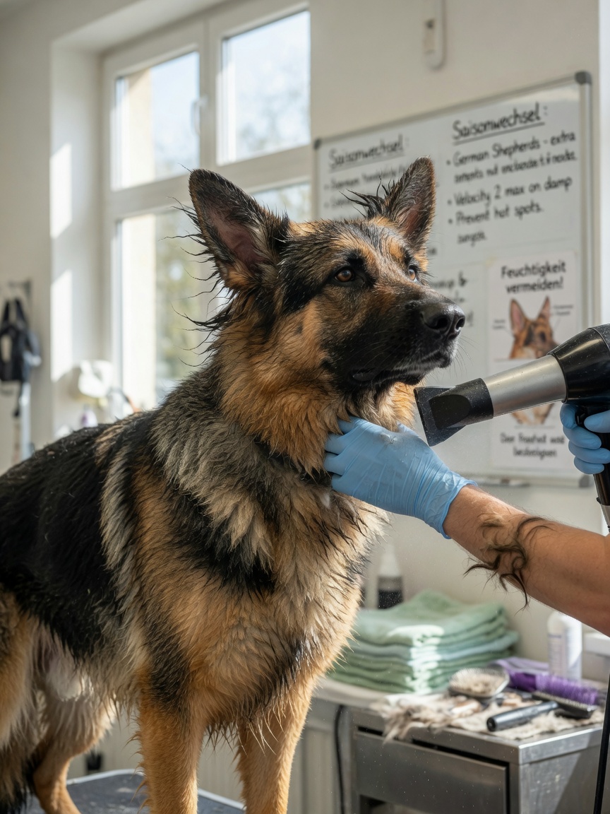 Professioneller Hundefriseur trocknet das Fell eines Deutschen Schäferhunds gründlich mit Hochgeschwindigkeitstrockner, um die Bildung feuchtigkeitsbedingter Hot Spots zu verhindern