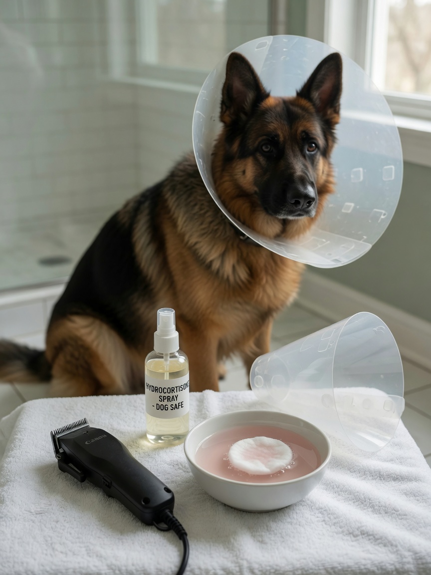 Home treatment supplies for dog hot spots including clippers, antiseptic solution, and Elizabethan collar, with a German Shepherd wearing the collar in the background