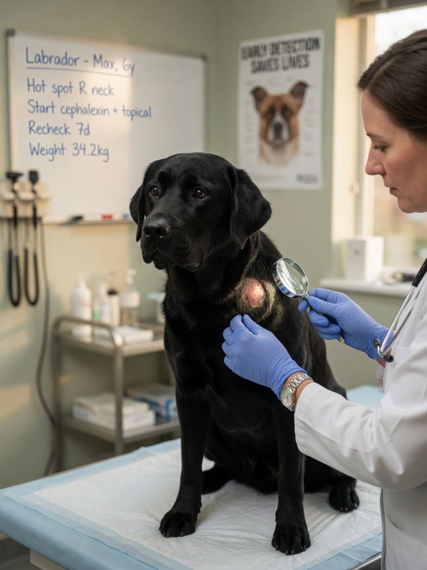 Veterinarian examining a hot spot on a black Labrador Retriever's neck during a professional examination on a vet clinic table