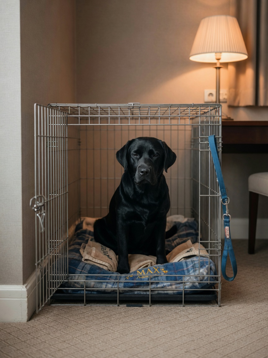 Calm black Labrador resting inside a travel crate in a hotel room with bedding and soft lighting