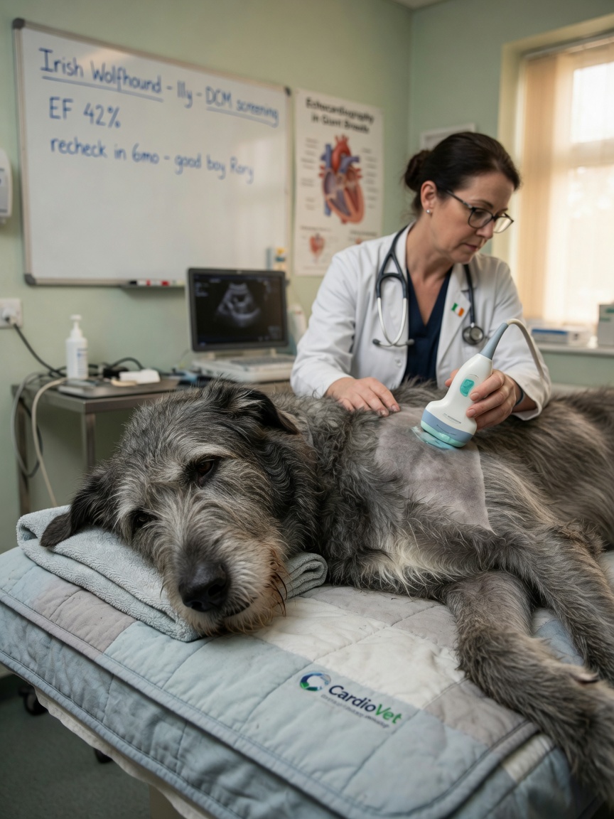 Irish Wolfhound undergoing cardiac echocardiography examination with veterinary cardiologist