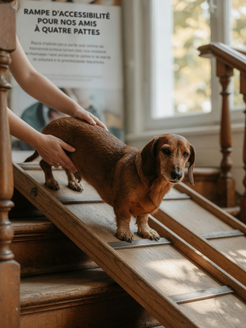 Dachshund using wooden ramps instead of stairs for spinal health protection
