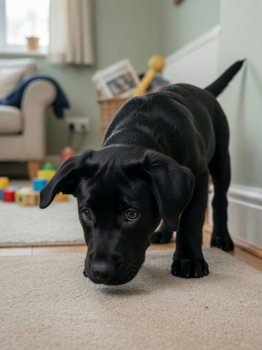 Puppy displaying early recognition signals by sniffing the floor indoors, showing awareness before needing to toilet