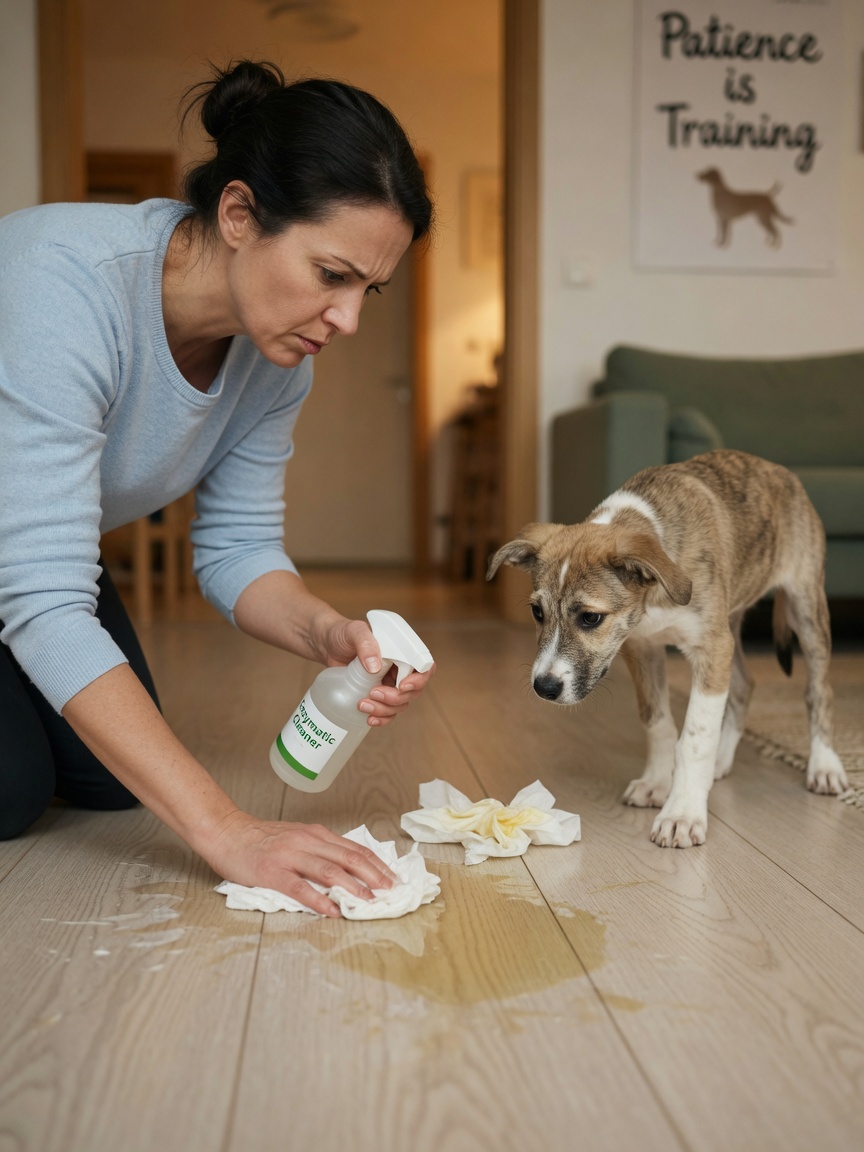 Owner calmly cleaning up an indoor accident with enzymatic cleaner while puppy observes, demonstrating proper non-punitive response