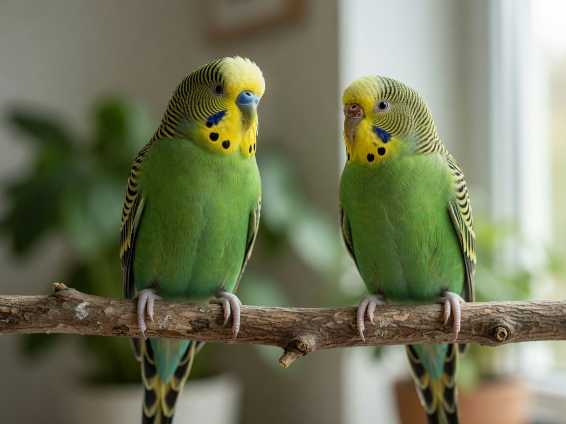 Male and female budgerigars showing contrasting cere colors - blue for male, brown for female