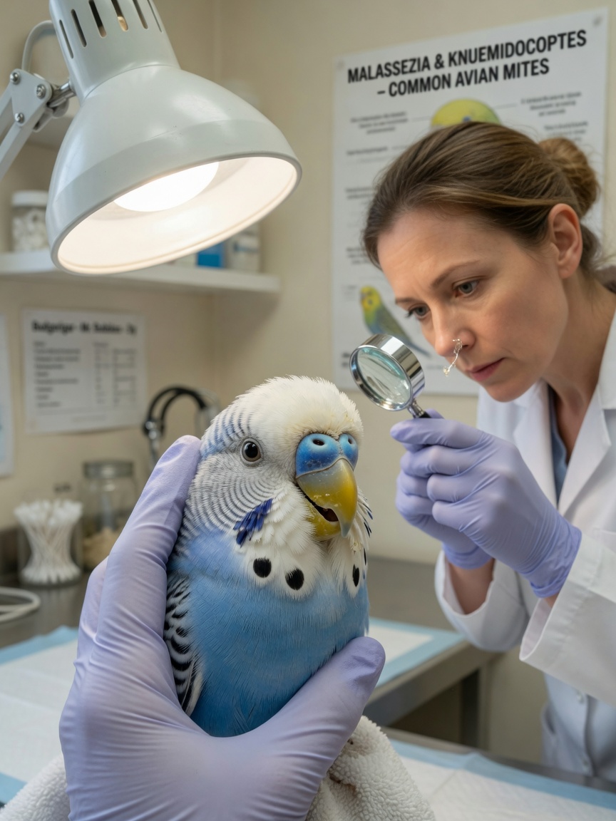 Veterinarian examining a budgerigar with crusty, infected cere tissue during health assessment