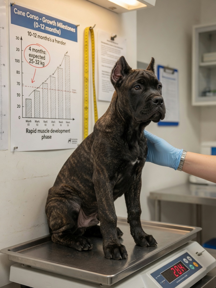 Young Cane Corso puppy being weighed at veterinary clinic during growth monitoring, demonstrating rapid development stage