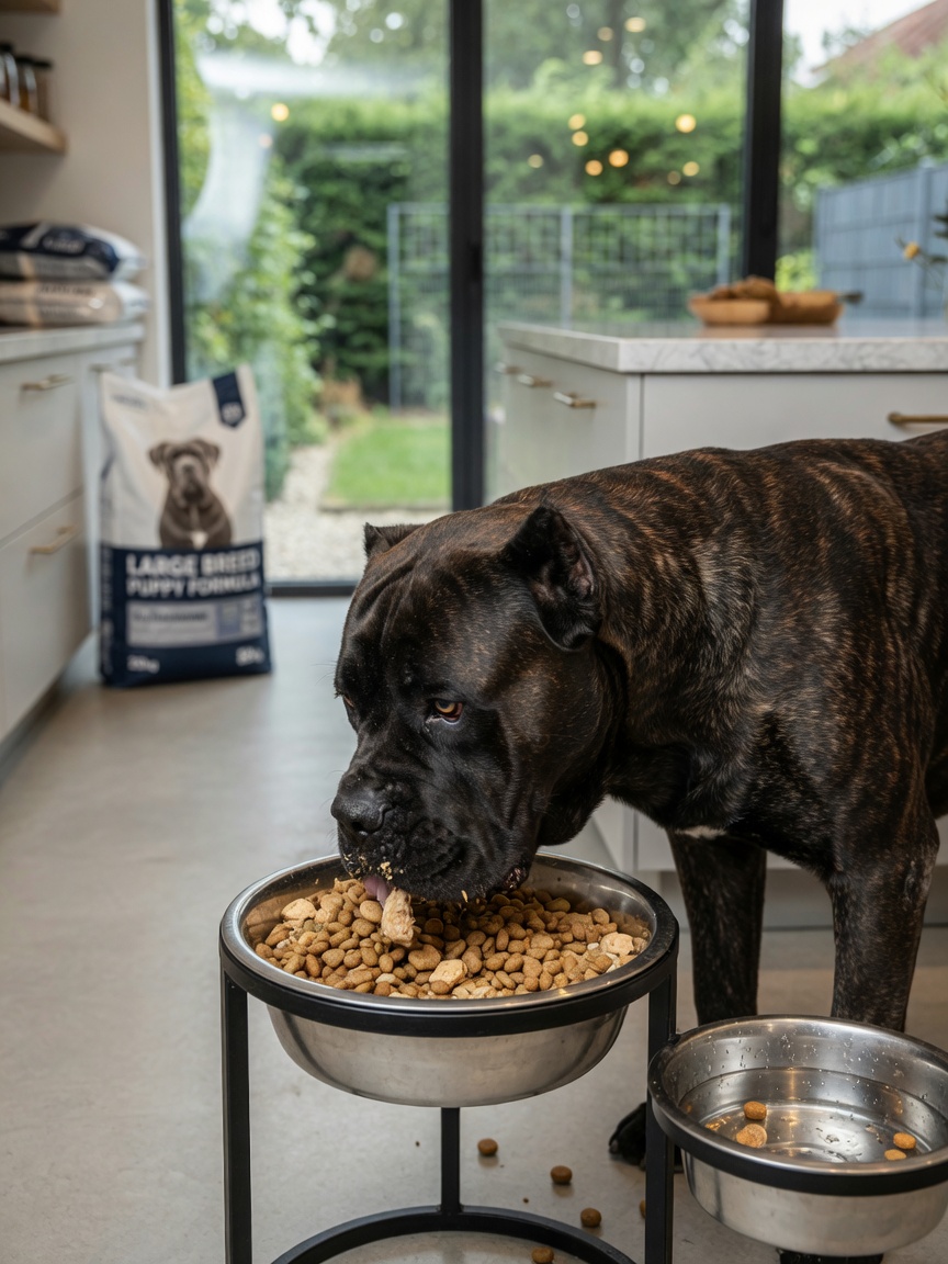 Adult Cane Corso eating specialized large-breed kibble from an elevated bowl in a spacious kitchen with secure garden visible, demonstrating care requirements for the breed