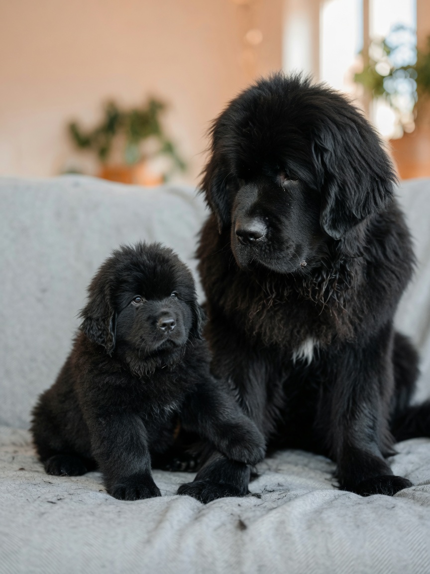 A tiny 8-week-old Newfoundland puppy with thick black coat sitting beside its much larger adult mother to show growth scale