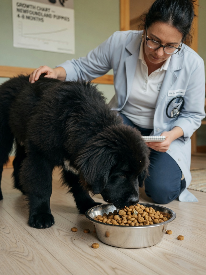 A young black Newfoundland puppy eating from a bowl while a veterinarian observes his body condition during feeding