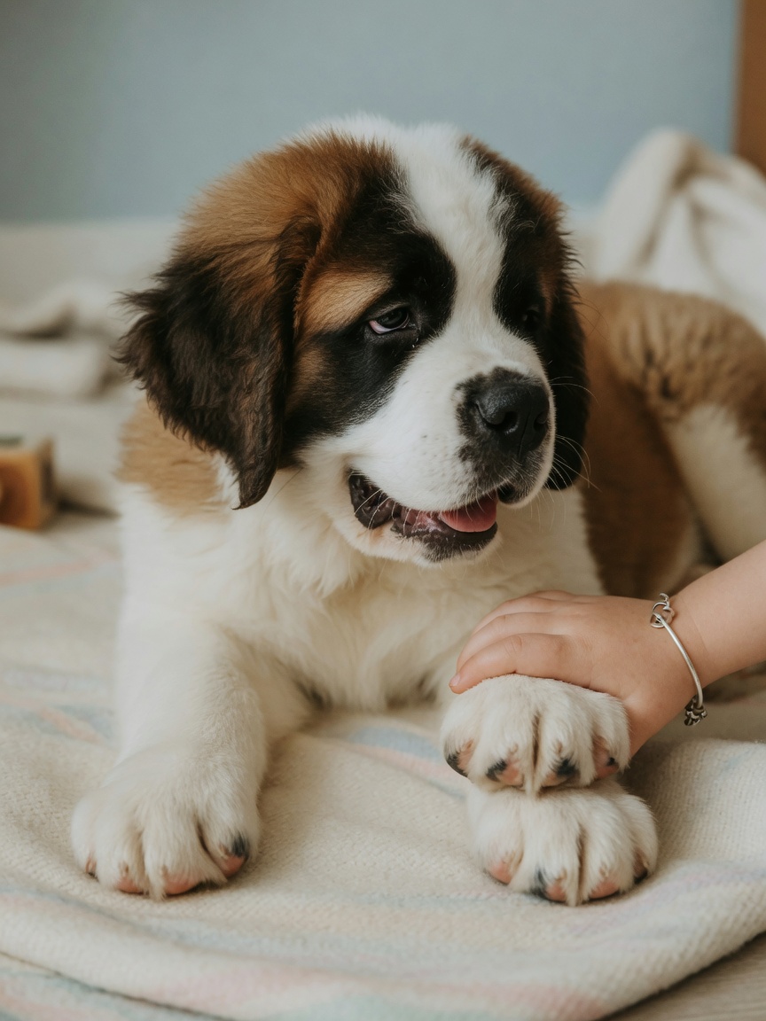 Young St. Bernard puppy at 3-4 months old showing rapid growth phase with oversized paws and gentle temperament
