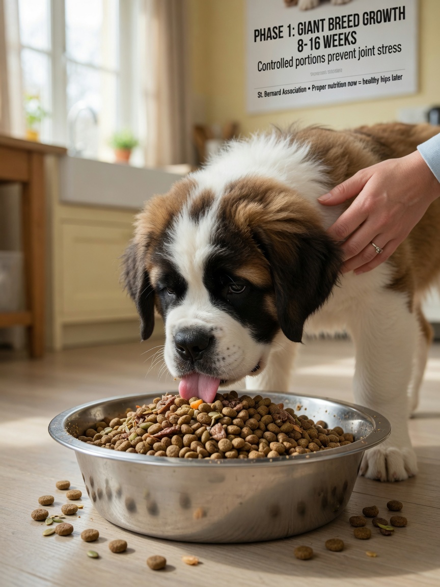 St. Bernard puppy eating from food bowl during mealtime, demonstrating proper nutrition for giant breed development