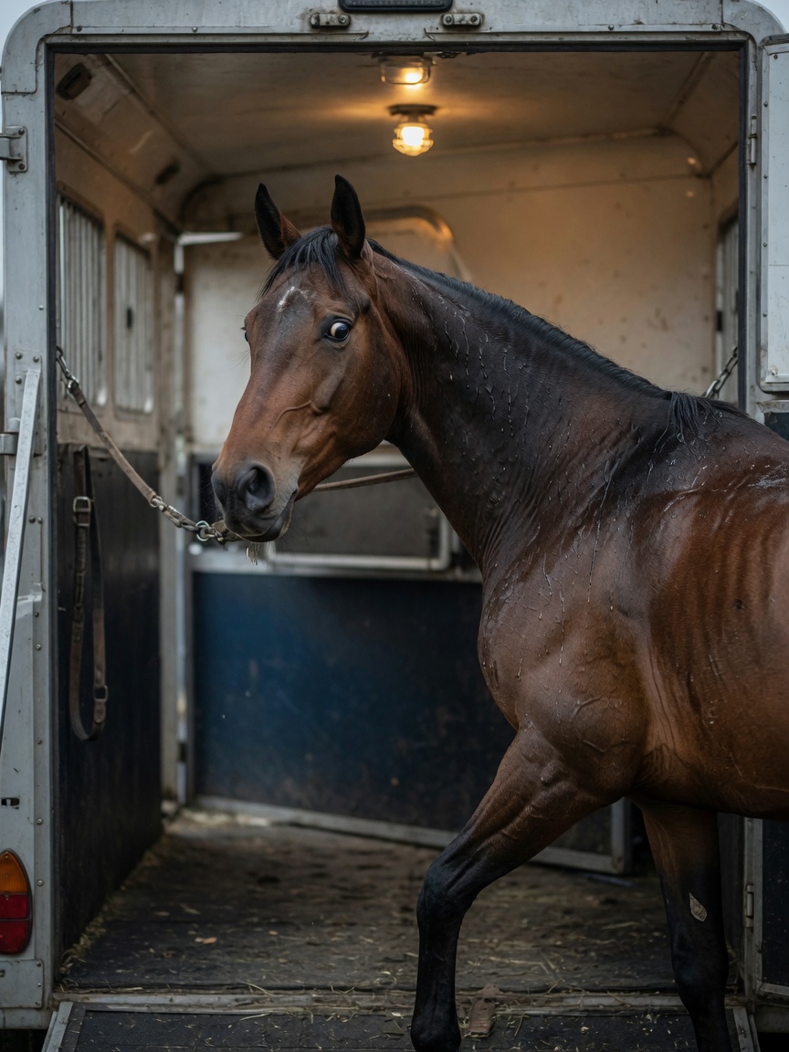 An anxious horse displaying tense body language inside a horse trailer