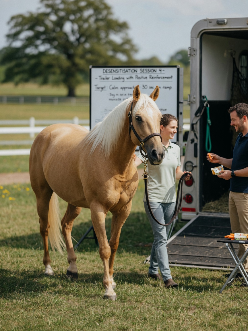 A calm horse approaching a trailer with handlers during positive reinforcement training