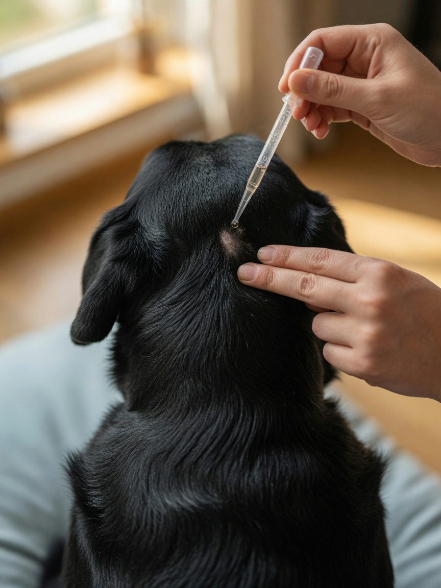 Pet owner applying spot-on tick treatment to the back of a black Labrador's neck