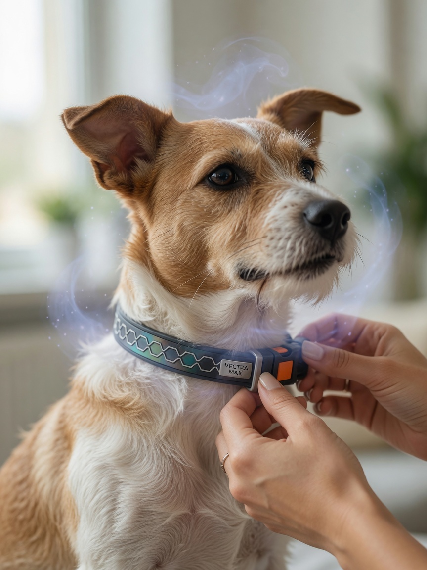 Owner securing a modern tick collar around a Jack Russell Terrier's neck