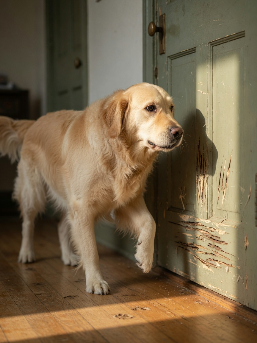 Distressed golden retriever pacing by a scratched door, showing signs of separation anxiety with tense body language