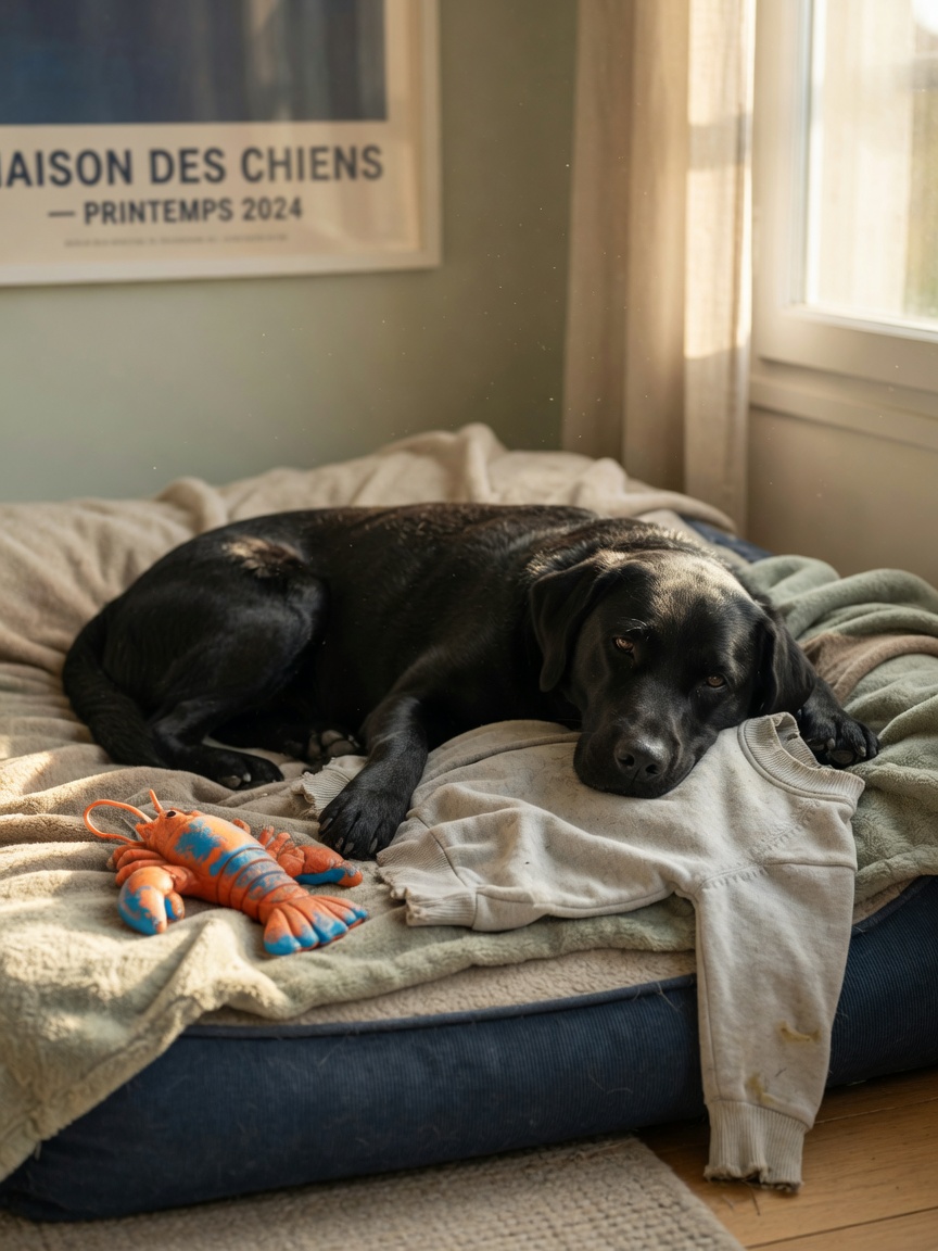 Peaceful dog resting on soft bedding next to owner's unwashed sweater and favorite toy, appearing calm and comforted
