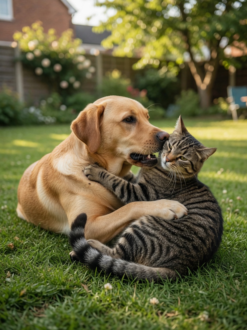 Golden Labrador and tabby cat playing closely together on grass, demonstrating direct contact transmission of fleas between pets