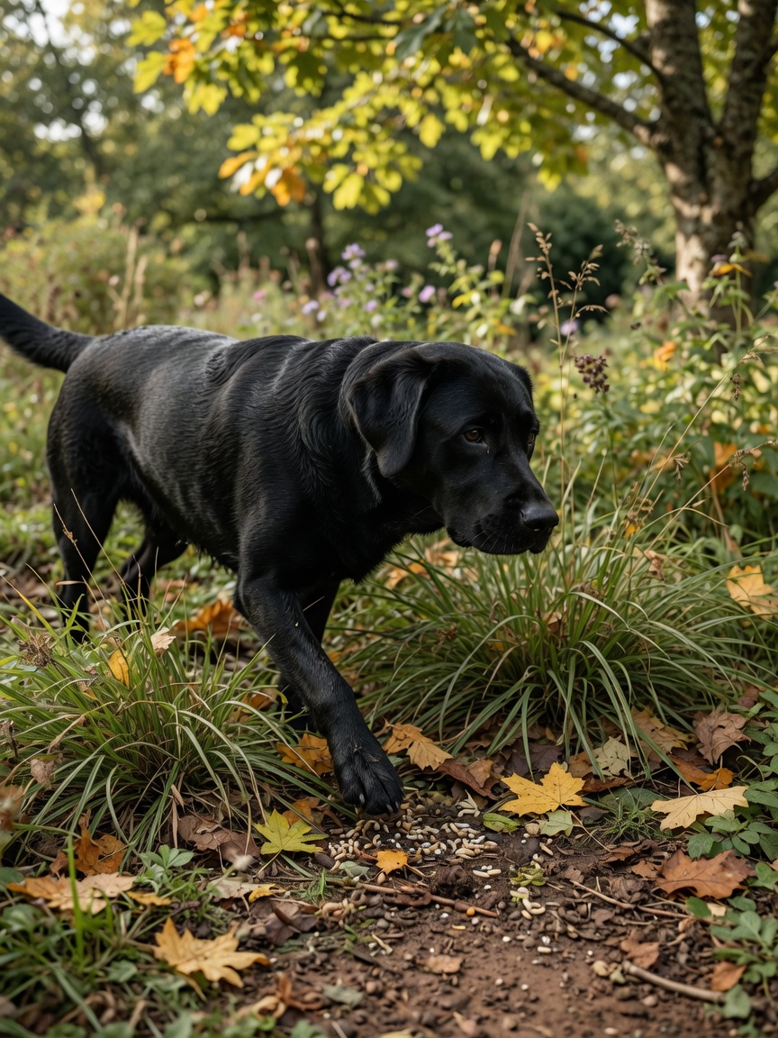Black Labrador walking through tall grass and leaf litter in a contaminated outdoor environment where flea eggs and larvae survive