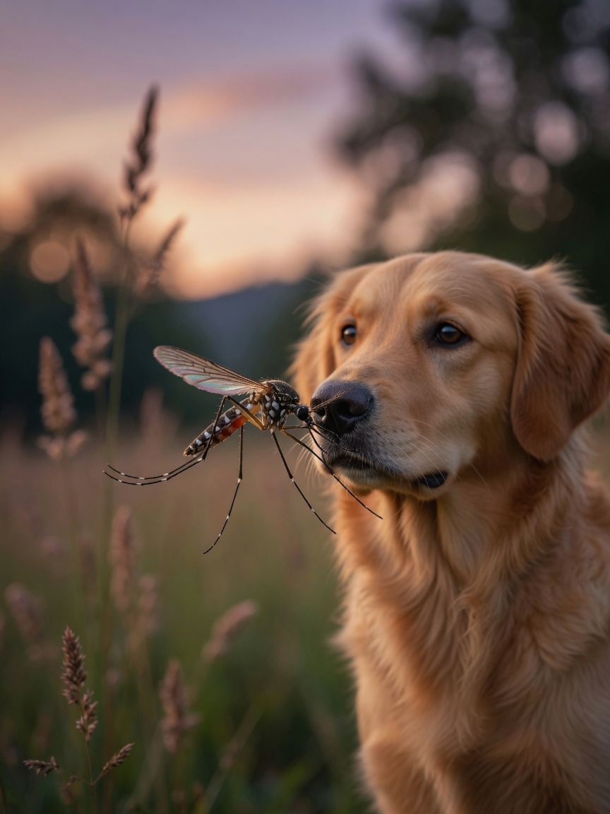 Eine Mücke schwebt nah am Gesicht eines Golden Retrievers in der Dämmerung und zeigt das Insekt als Vektor der Herzwurmkrankheitsübertragung.