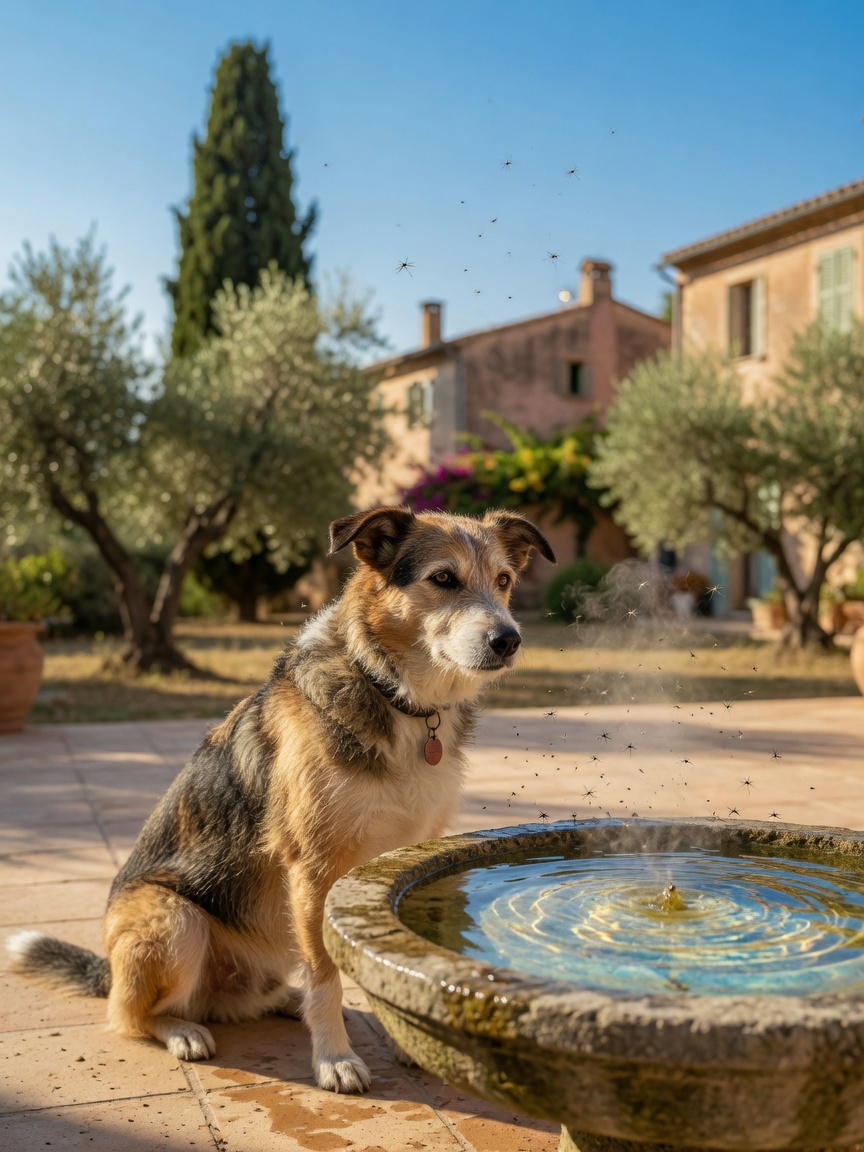 Ein Hund sitzt in einer mediterranen Landschaft neben stehendem Wasser bei heller Sonne und zeigt die warmen Klimabedingungen, die Mückenpopulationen unterstützen.