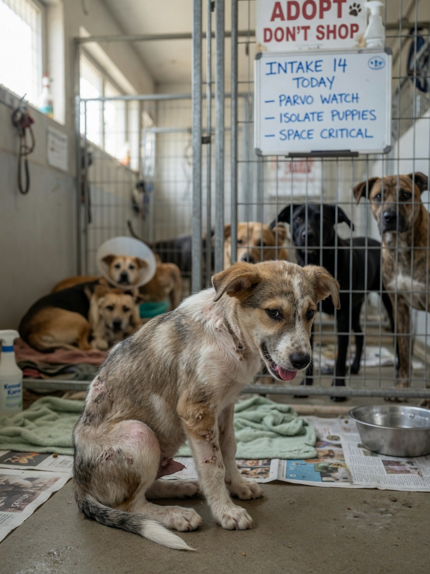 Puppy in crowded shelter cage environment showing risk factors for mange transmission