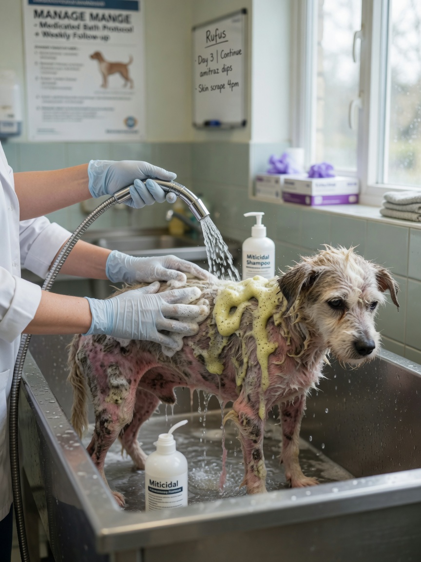 Veterinarian administering medicated bath treatment to dog with mange in professional clinic setting
