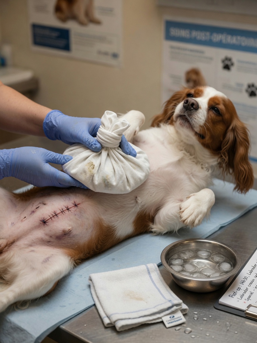 Veterinarian applying a soft cloth-wrapped cold compress to a dog's surgical incision site to reduce post-operative swelling