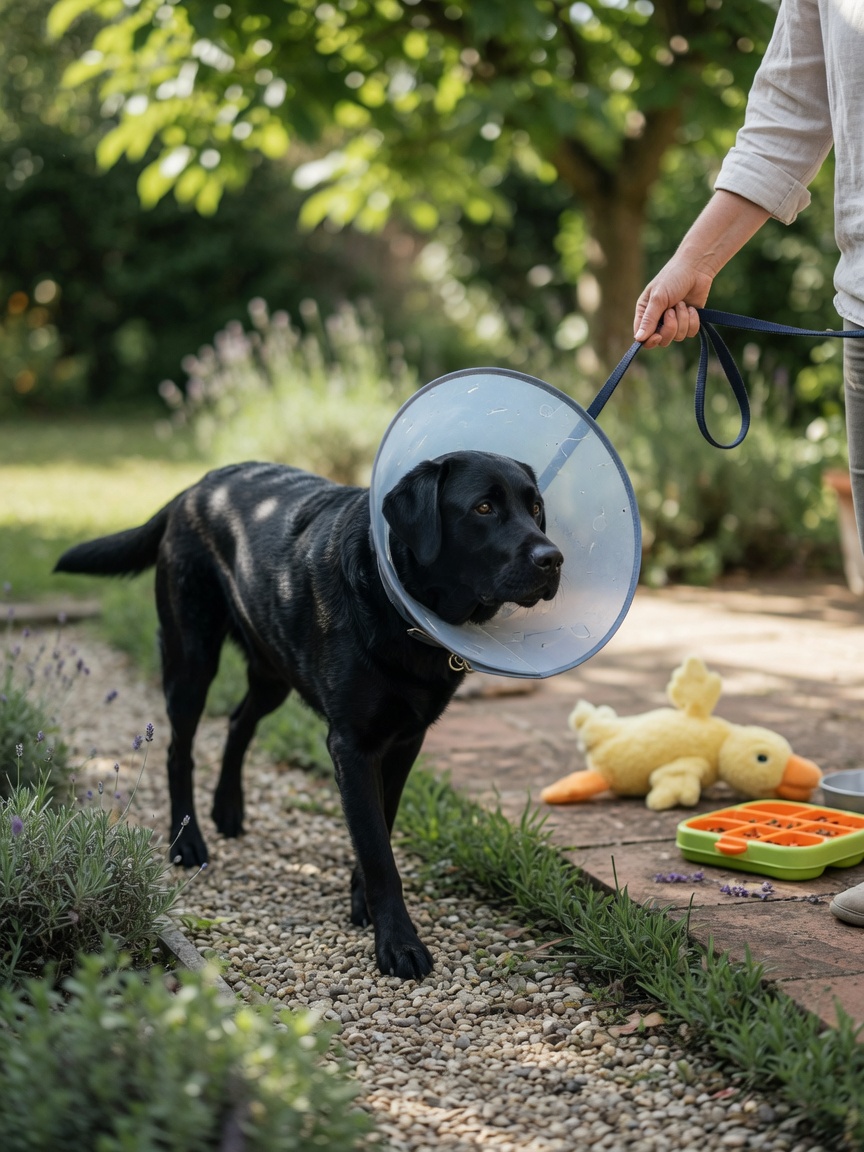 Black Labrador on a short lead taking a restricted, controlled walk with owner during post-operative recovery period