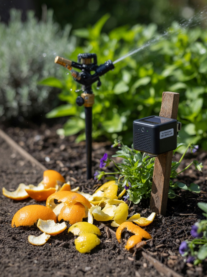 Garden border showing natural deterrents including citrus peels, motion-activated sprinkler, and ultrasonic device