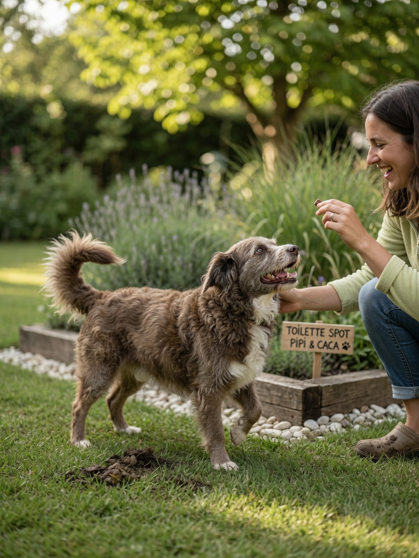 Dog owner rewarding dog with treat in designated garden toilet area after successful toileting