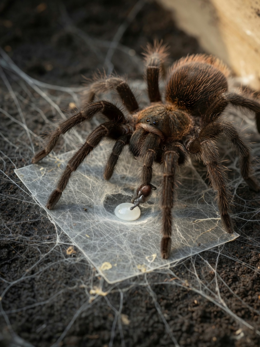 Male tarantula creating and preparing his sperm web with specialized pedipalps visible during reproductive preparation