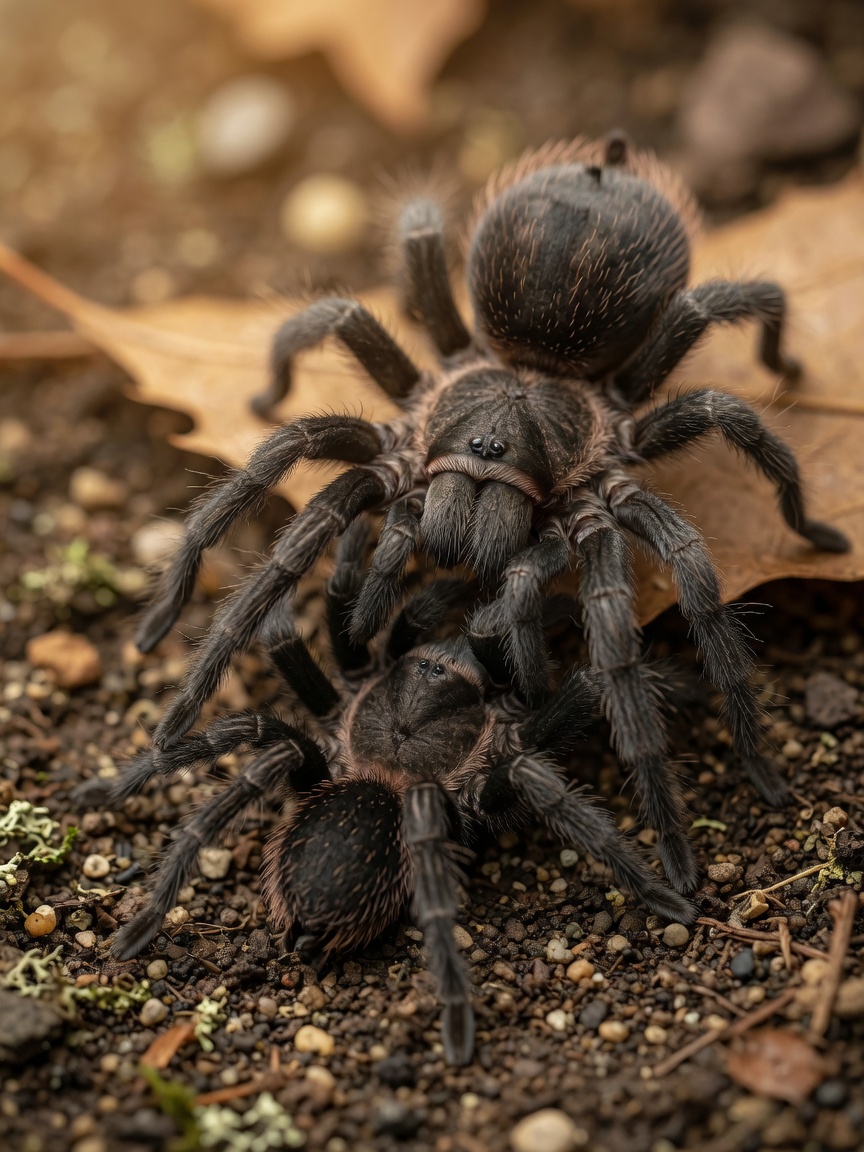 Male and female tarantula in mating position showing sperm transfer through pedipalp contact beneath female