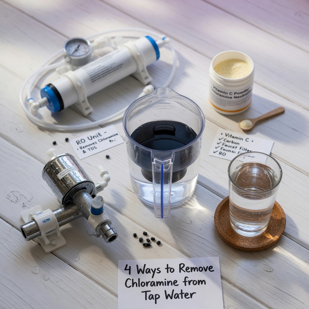 Flat lay of chloramine removal methods including water pitcher filter, vitamin C powder, faucet filter, and reverse osmosis component