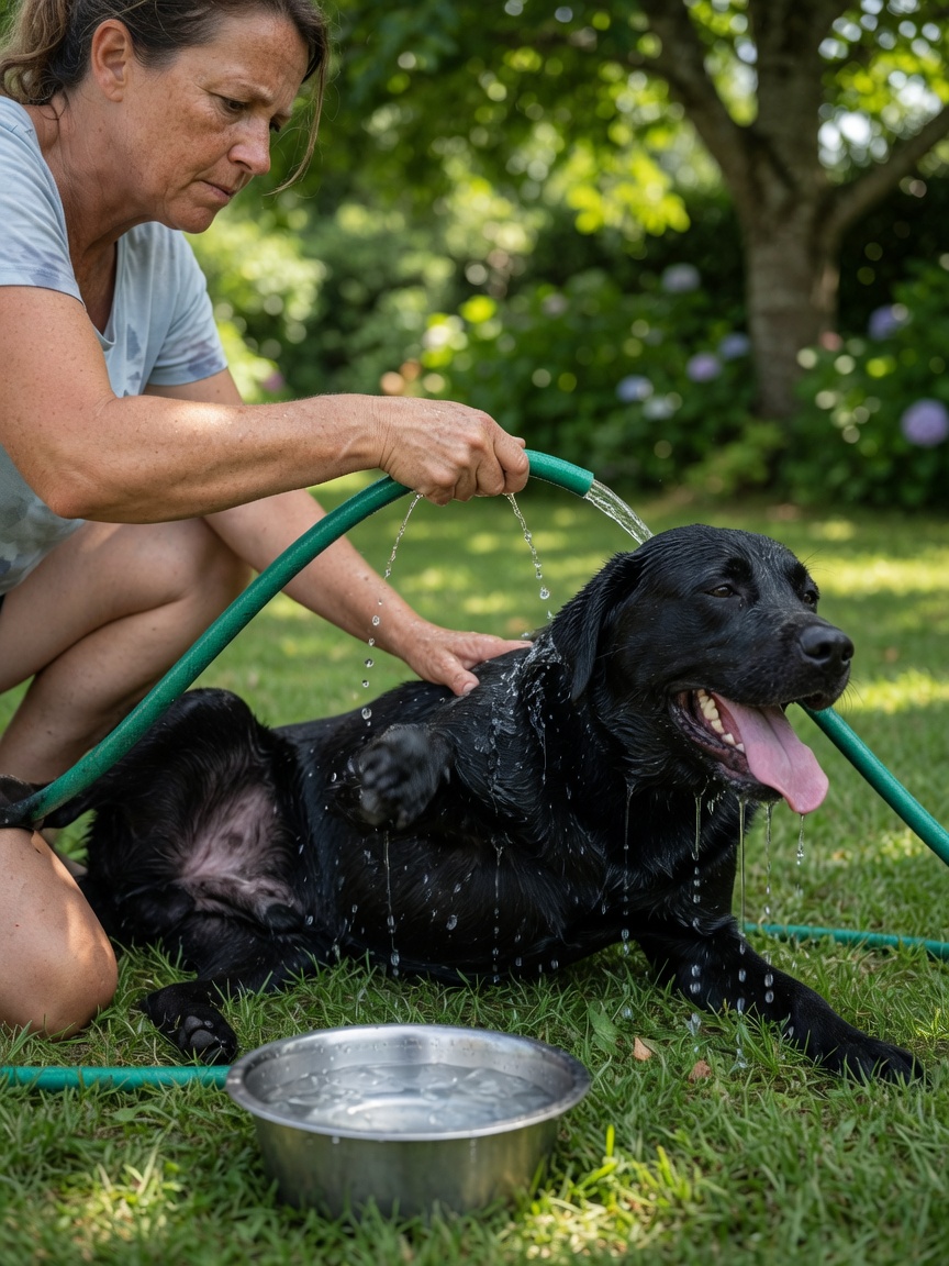 Dog owner providing emergency cooling treatment to overheated Labrador with garden hose water in shaded area
