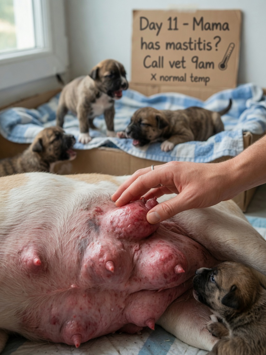 Close-up of inflamed mammary glands showing symptoms of canine mastitis with owner's hand gently examining the area