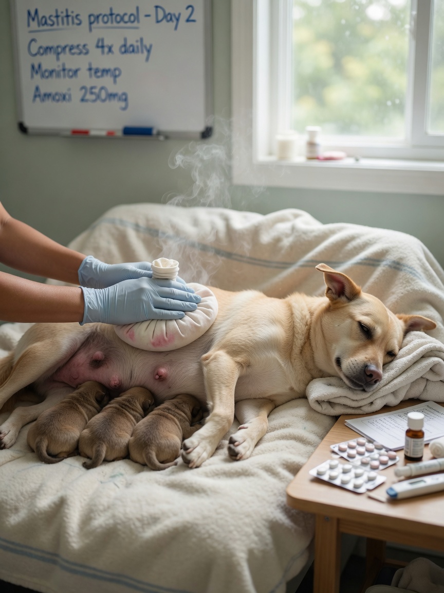 Warm compress being applied to a nursing dog's mammary glands as part of mastitis treatment