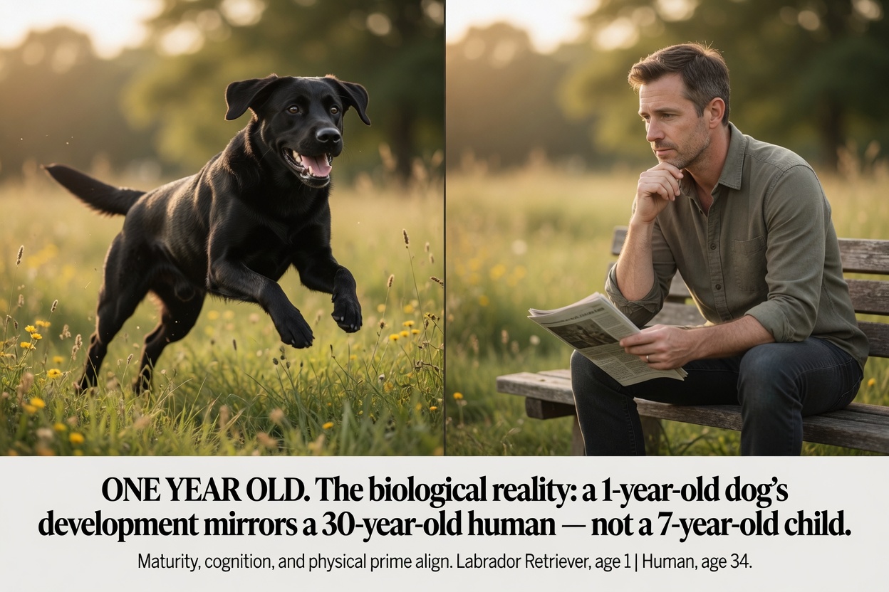 A young black Labrador in mid-leap showing the biological vitality equivalent to a 30-year-old human