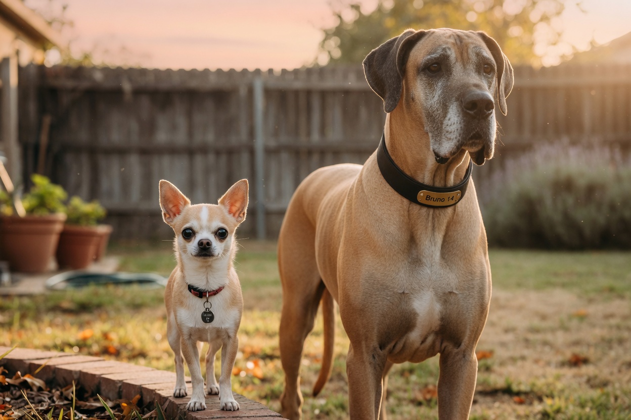 A tiny Chihuahua and a massive Great Dane standing together, illustrating how breed size affects aging rates
