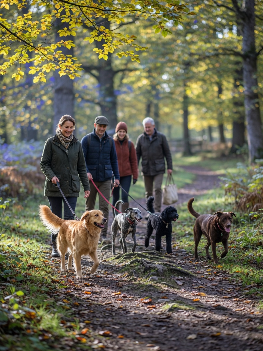 A dog walking group on a woodland trail with multiple dogs and owners moving together