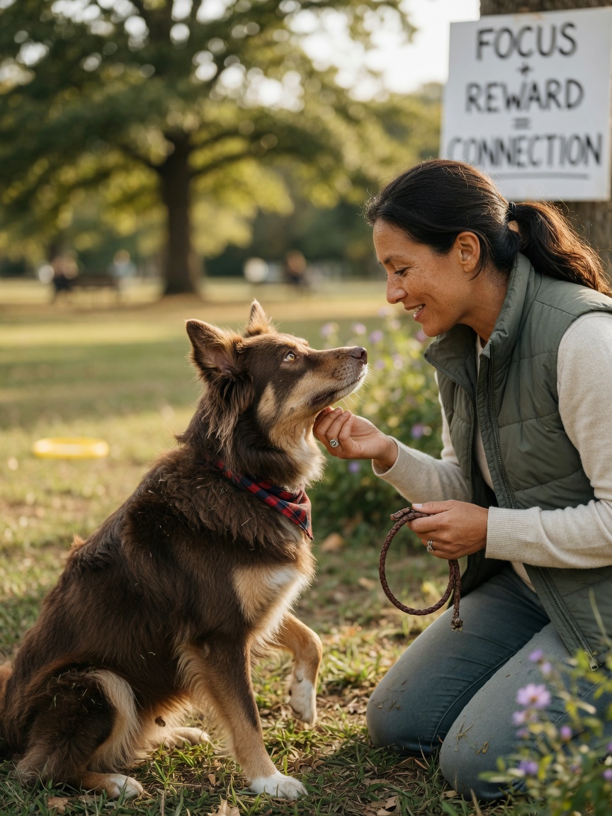 An owner and their dog bonding during a training session, kneeling together face-to-face