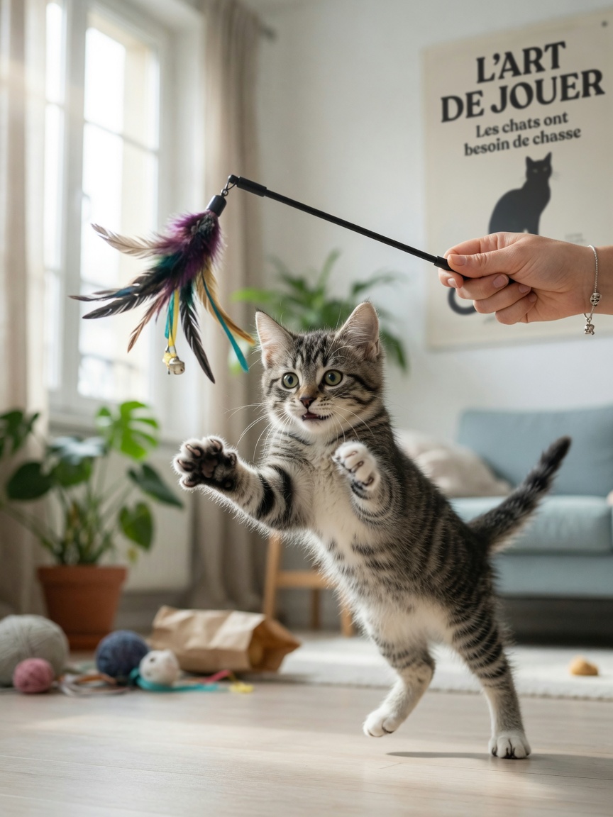 Young tabby kitten pouncing on a feather toy during interactive play with owner's hand visible