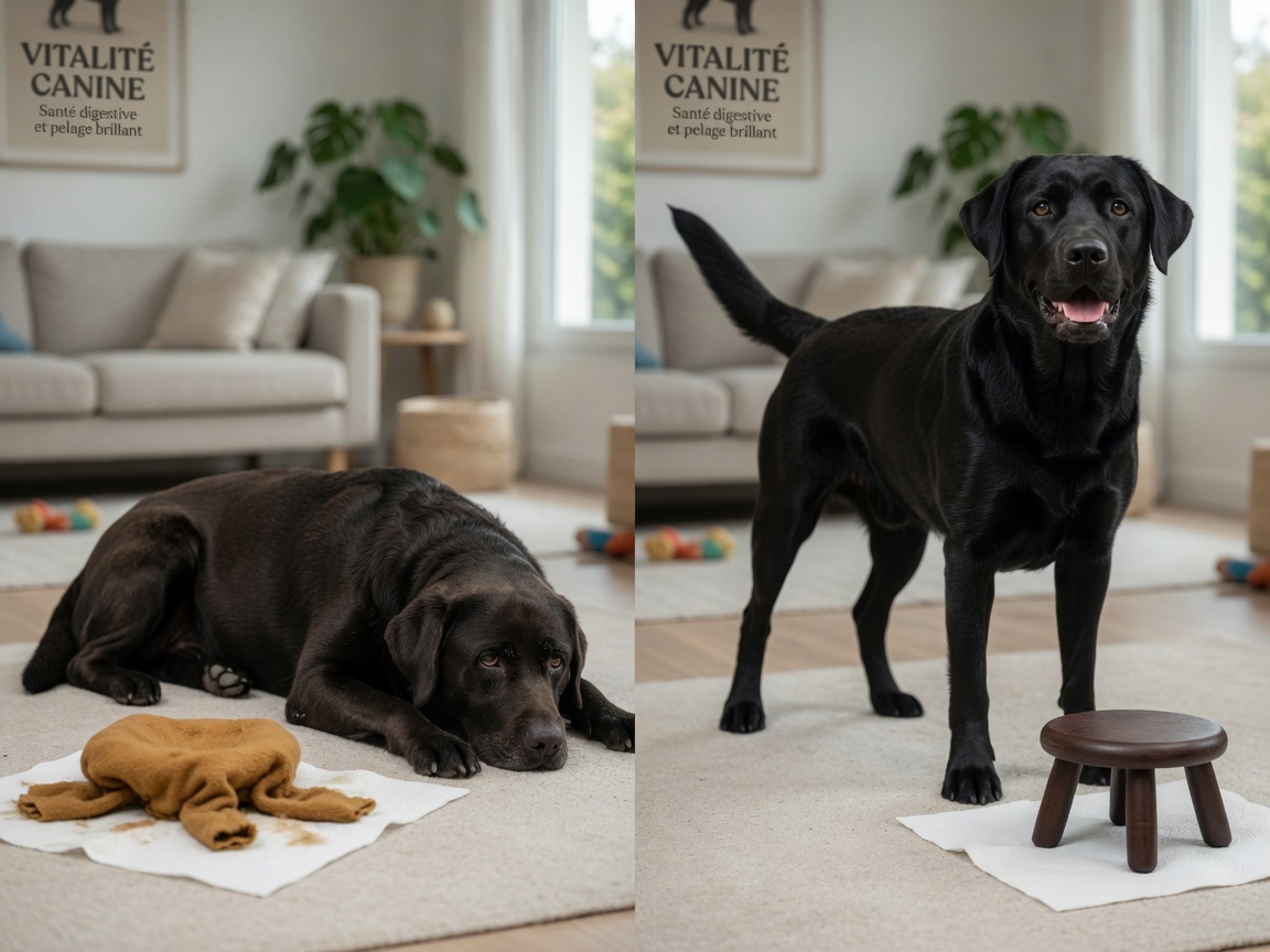 Vorher-Nachher-Vergleich eines Labradors mit schlechten Verdaulichkeitssymptomen im Vergleich zu optimaler Verdauungsgesundheit und Vitalität