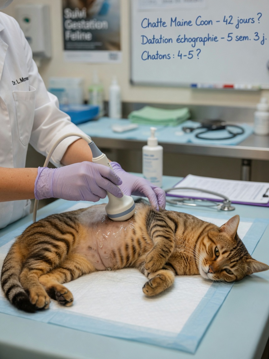 Veterinarian performing ultrasound on pregnant tabby cat to determine gestational age and due date