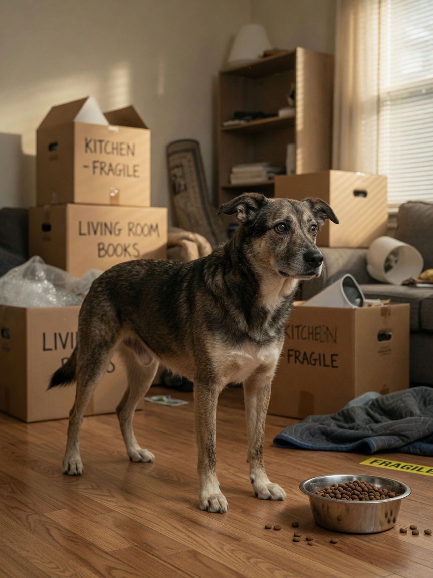 Anxious dog in a moving box environment showing stress-related appetite loss