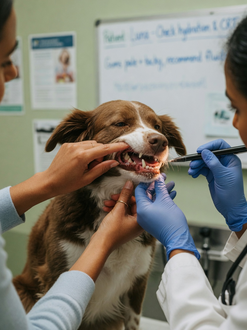Veterinarian and owner examining a dog's gums for signs of dehydration