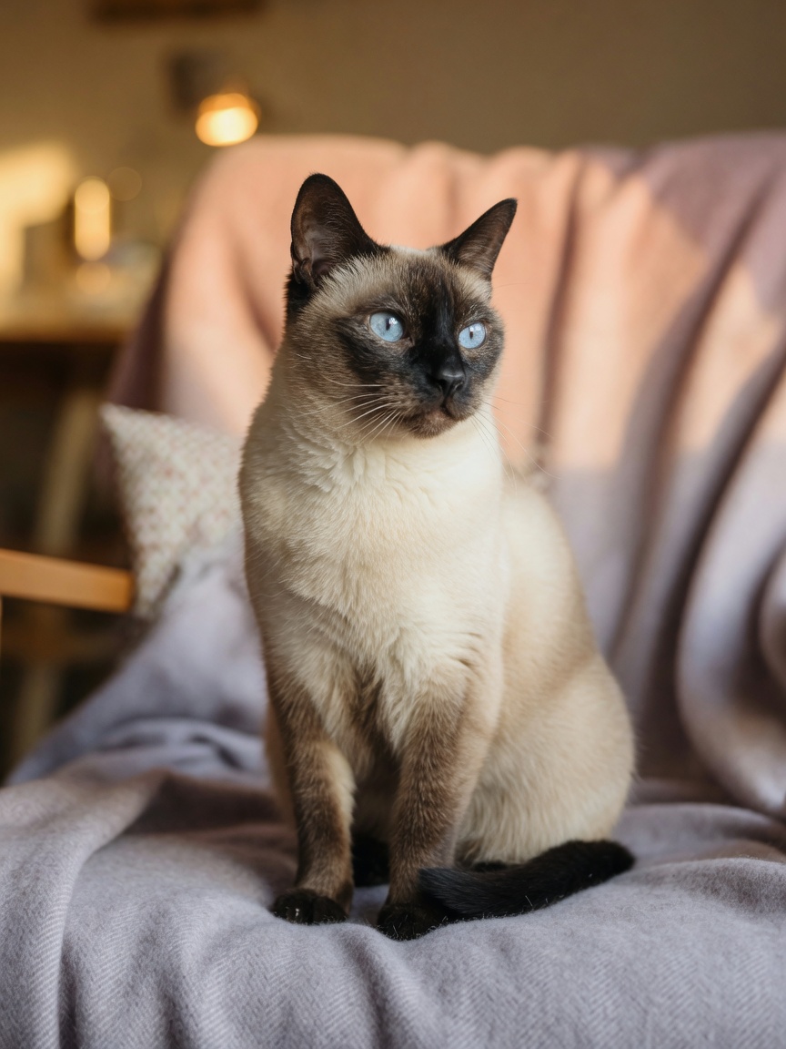 Siamese cat with blue eyes and seal point coloring sitting gracefully