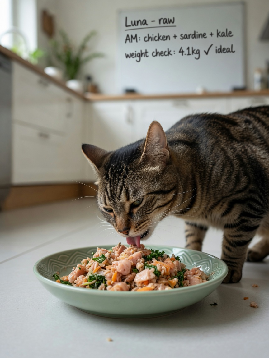 Healthy lean cat with glossy coat eating nutritious food from bowl